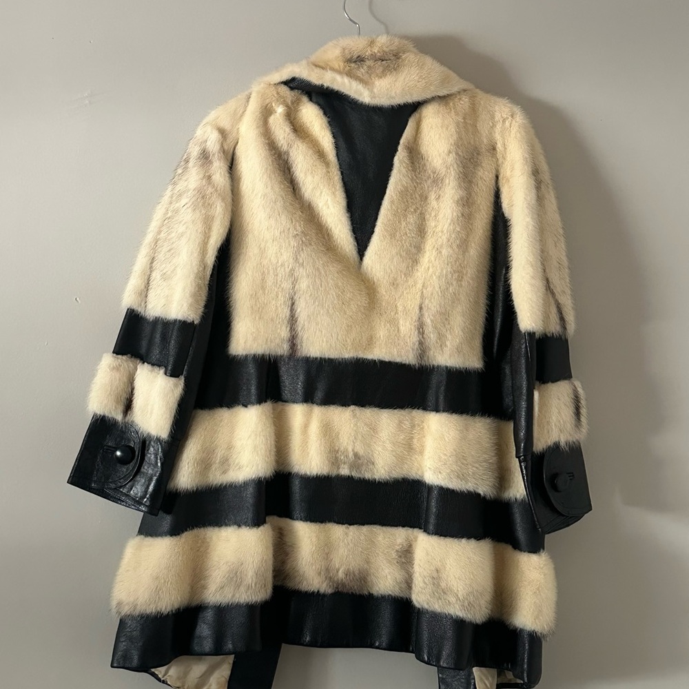 Vintage Real Fur & Leather Coat Black Cream Striped Statement Coat Women’s Small - Picture 2 of 11